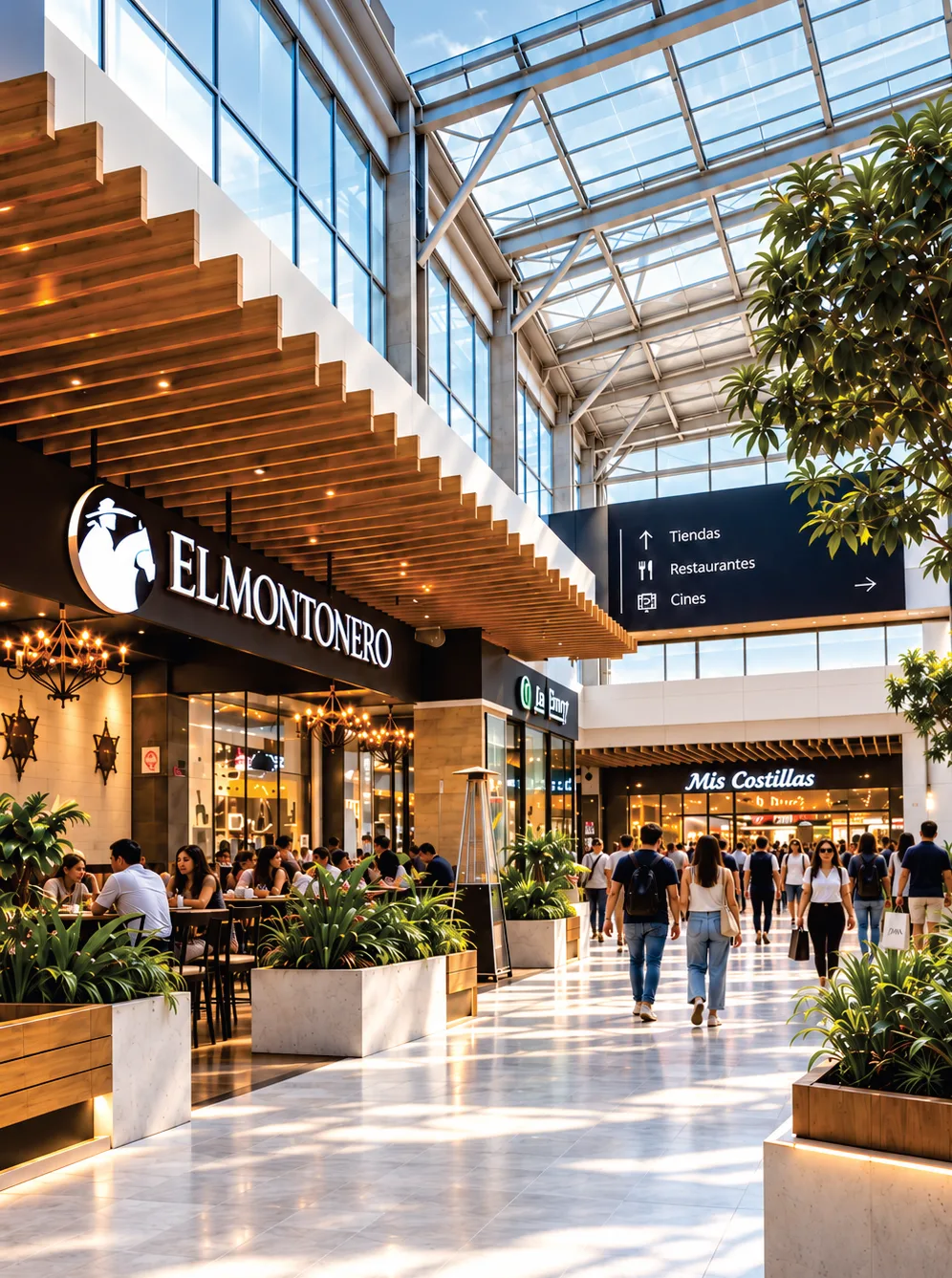 Interior de centro comercial con tiendas y circulación peatonal